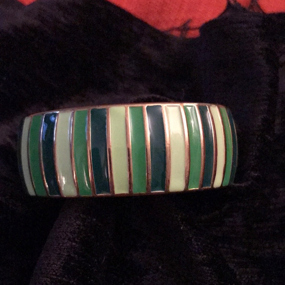 Multi colored green enamel spring closure cuff bracelet